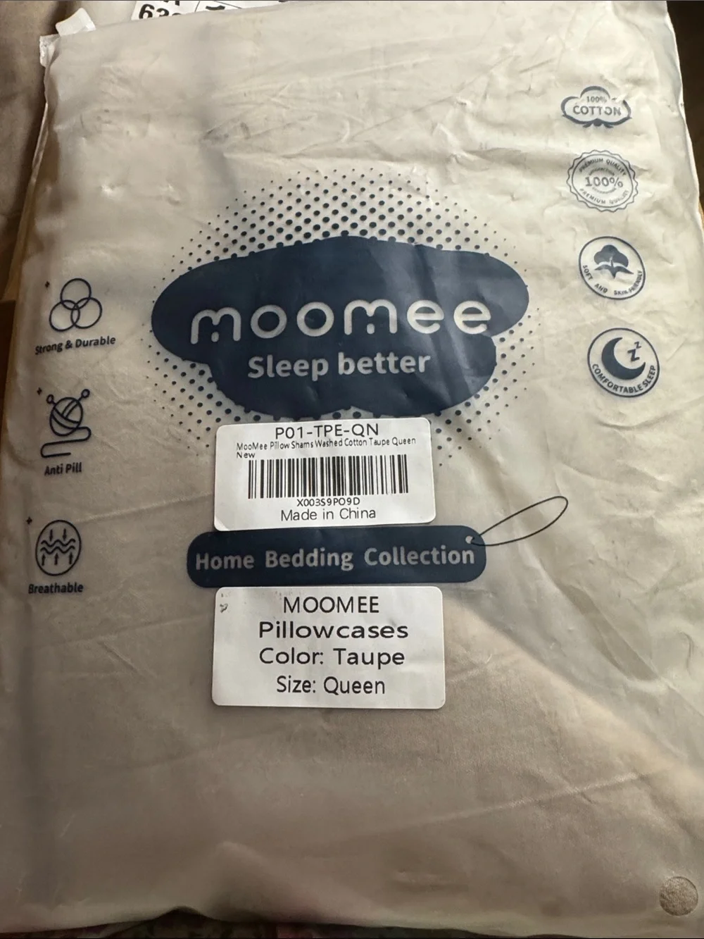 NEW MOOMEE Pillowcase Set of 2 100% Washed Cotton. Linen-Like. Queen. Taupe